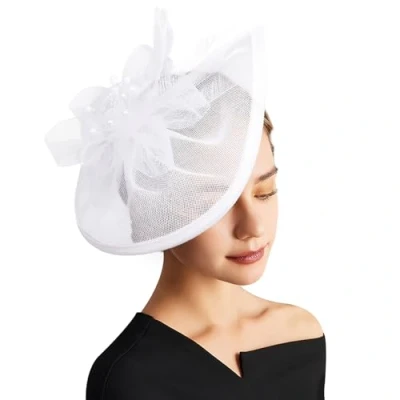 Afbeelding van DRESHOW Fascinator Hoeden Tea Party Hoed Vintage Pillendoos Hoofdband Cocktail voor Meisjes en Vrouwen, 1 stuk: 03 FM wit