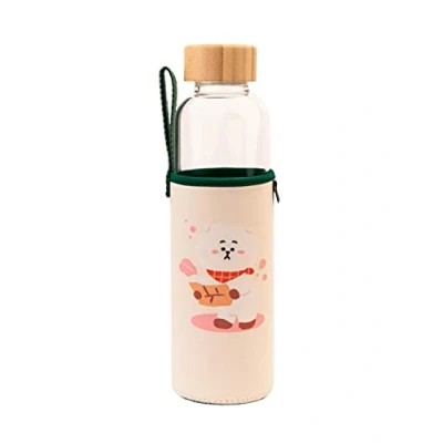 Afbeelding van Erik Glazen fles BT21 RJ inhoud 50 cl met bamboe sluiting en bescherming inclusief neopreen etui polsband drinkfles van glas