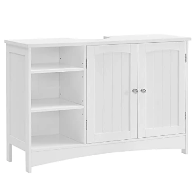 Afbeelding van VASAGLE Wastafelonderkast BBC410P31, kast voor badkamer, lang, 90 x 30 60 cm, 2 deuren opbergkast, open vakken, in hoogte verstelbare planken, wit