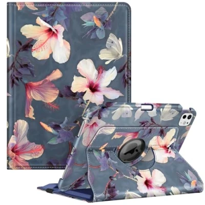 Afbeelding van FINTIE Beschermhoes voor iPad Pro 11 inch 2024 M4 (A2836 / A2837 A3006) [Stylus opslag] 360 draaibare beschermhoes, automatische slaap /wekhoes, bloem hibiscus