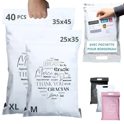 Afbeelding van 40 Vinted pakketten met rand, 2 maten M/XL, 100% ondoorzichtig/ultrabestendig/waterdicht, verzendenvelop van kunststof, kleding en karton, verzendtas, tas handvat, bedankt