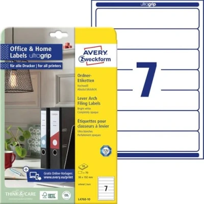 Afbeelding van Avery Zweckform Ordneretiketten L4760 10 38 x 192 mm Papier Wit Permanent hechtend 70 stuk(s)