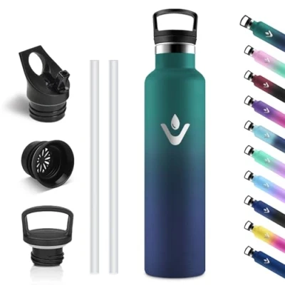 Afbeelding van Vikastar Roestvrijstalen thermosfles, 1 liter, BPA vrij, met rietje, voor school, sport, fietsen, camping, donkergroen/donkerblauw