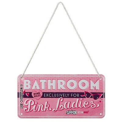 Afbeelding van Grease Pink Ladies Bathroom. Metalen wandbord in reliëf 10 x 20 cm.