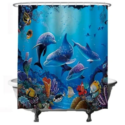 Afbeelding van Ulticool Douchegordijn Dolfijn Zee Vissen Aquarium 180 x 200 cm semi Transparant met 12 Ringen Wit anti Schimmel Blauw