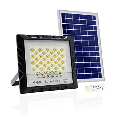 Afbeelding van Buitenspot op zonne energie, 100 W, 128 leds + fotovoltaïsch paneel met hoge conversie, afstandsbediening, automatische ontstekingssensor. IP67 zonnelamp voor verlichting, tuin, garage.