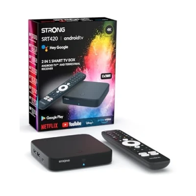 Image de STRONG SRT420 Streaming Box Hybride Android TV + TNT, 4K, HDR, Dolby® Digital et Plus, Chromecast, Assistant Vocal Google, Netflix, Disney +, Prime, WiFi, Ethernet, Bluetooth
