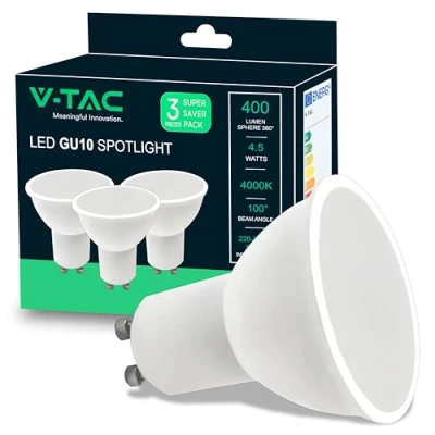 Afbeelding van V TAC 3 x GU10 4,5 W ledlampen (komt overeen met 35 W) 400 lumen led spot voor maximale efficiëntie en energiebesparing neutraal wit 4000 K