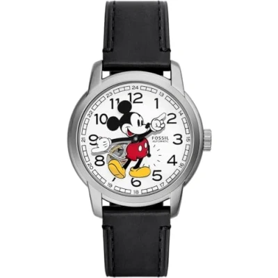Afbeelding van Fossil Mickey Mouse Uniseks horloge, automatisch uurwerk met roestvrijstalen of leren armband, Gebroken wit, Armband
