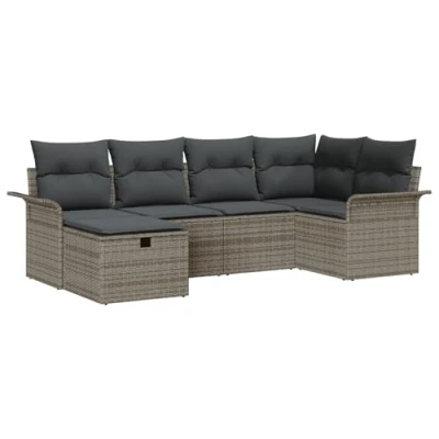 Afbeelding van vidaXL 6 delige Tuin Sofa Set met Kussens Grijs Poly Rattan, 2 zits Opslag &amp; Rattan