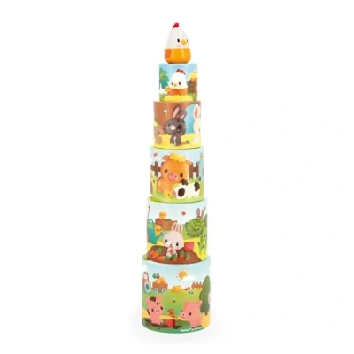 Image de Janod Ma première pyramide Animaux de la ferme Jouet d&#039;encouragement 5 cubes d&#039;empilage + 1 poule en bois Exercice dextérité et imagination À partir 12 mois, J03310