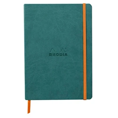 Image de RHODIA 117376C Carnet Souple Paon A5 14,8 x 21 cm Ligné 160 pages Papier Clairefontaine Ivoire 90 g/m² Marque Page, Fermeture Élastique Couverture Simili Cuir Collection Rhodiarama