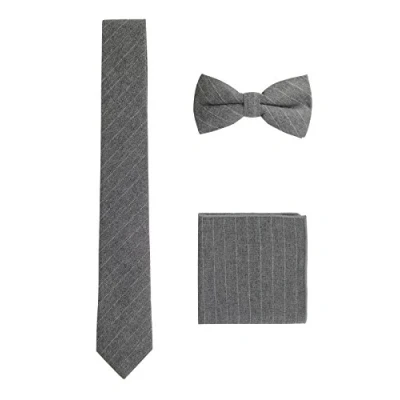 Afbeelding van WANYING Heren klassieke katoenen strik vlinder &amp; stropdas smal 6 cm zakdoek 3 in 1 set casual, Mt 04 gestreept donkergrijs