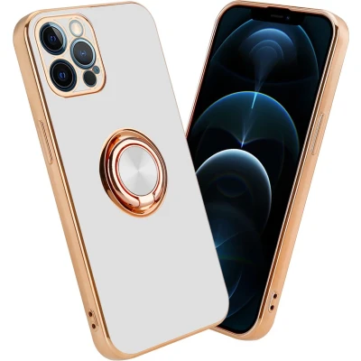 Afbeelding van Cadorabo Hoesje geschikt voor Apple iPhone 12 PRO in Glossy Wit Goud met ring Beschermhoes van flexibel TPU silicone Case Cover camerabescherming en magnetische autohouder
