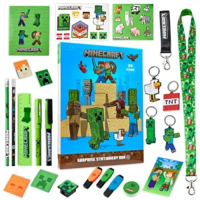 Afbeelding van Minecraft adventskalender 2024 voor kinderen en jongeren, schrijfwaren, notitieboeken, stickers, badges, (blauw/groen)