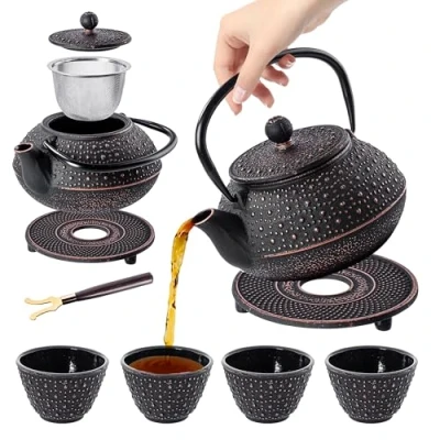 Afbeelding van KADAX Gietijzeren waterkoker met theekopjes, Japanse theeservies van gietijzer, traditionele theeset mesh filter en theekopje, theepot stevig handvat (zwart)