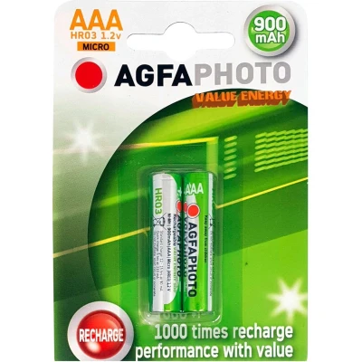 Afbeelding van Agfaphoto Batterij NiMH, Micro, AAA, HR03, 1.2V/900mAh Value Energy, Retail blisterverpakking (2 stu