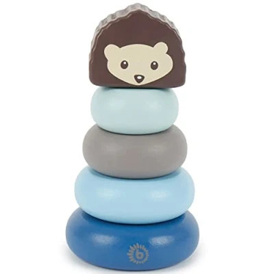 Afbeelding van BIECO Stapelbare toren van egelhout, 13,5 cm, blauw, steekspel vanaf 1 jaar, 5 stuks, modern houten speelgoed voor baby&#039;s, stenen om te stapelen, motorisch baby&#039;s