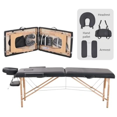 Afbeelding van YOUNIKE Professionele opvouwbare massagetafel, 60 cm, breedte, esthetisch, professioneel, hout, verzorgingstafel, tattoo, armleuningbed, massage, tafel, wimpers, draagbaar, 2 secties, zwart