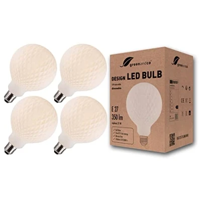 Afbeelding van Greenandco® ledlamp, dimbaar, vintage, opaal, ruitpatroon, E27, G125, 4 W, 350 lm, IRC90+, 3000 K, warm wit, 360 graden, 230 V, geen flikkeren, stuks