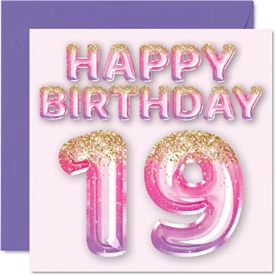 Afbeelding van Stuff4 Verjaardagskaart voor dames, 19 jaar, glitterballonnen, roze en paars, verjaardagskaarten vrouwen van dochter, zus, tante, neef, 145 mm x
