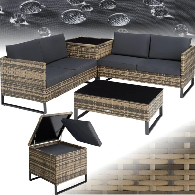 Afbeelding van tectake® Wicker loungezitgroep, tuinmeubelset met bank Tafel glazen blad, opbergbox Weerbestendig Tuin , balkon terras of wintertuinmeubels natuurkleur