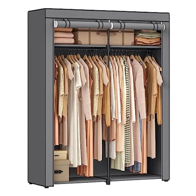 Afbeelding van SONGMICS Garderobe, garderobe met kledingstaven, opbergruimte voor kleding, linnenkast, kledingrek, opvouwbaar, kleedkamer, slaapkamer, 140 x 43 174 cm, grijs RYG02GY