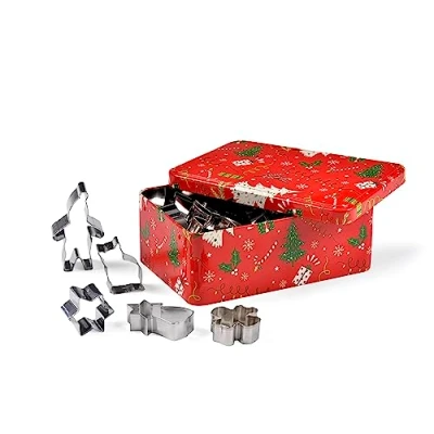 Afbeelding van patisse 13720 Rode metalen doos met kerstboomprint 25 bijpassende uitsteeksels of uitsteekvormpjes van roestvrij staal voor Kerstmis spar, elf, engel, ster, gingerman, gerstsuiker, 20 x 14