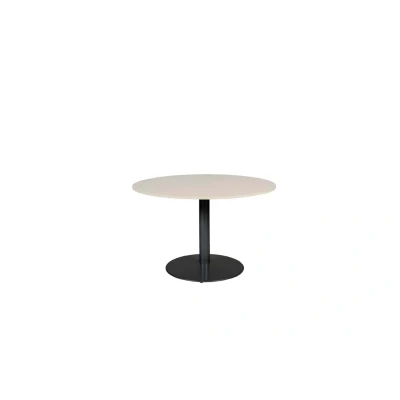 Afbeelding van Linesto 120cm ronde vergadertafel op vaste hoogte (74cm) met lindberg (licht) eiken 25mm blad en zwarte (RAL9005) trompetvoet
