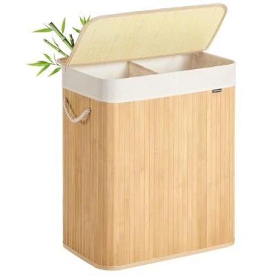 Afbeelding van SONGMICS wasmand met 2 vakken, 100 l deksel, van bamboe handgrepen, opvouwbaar, afneembare waszak, natuurlijke kleur LCB074Y01