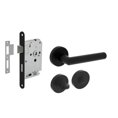 Afbeelding van Intersteel Deurbeslag set toiletslot 63/8mm zwart met deurkruk Bastian en WC sluiting