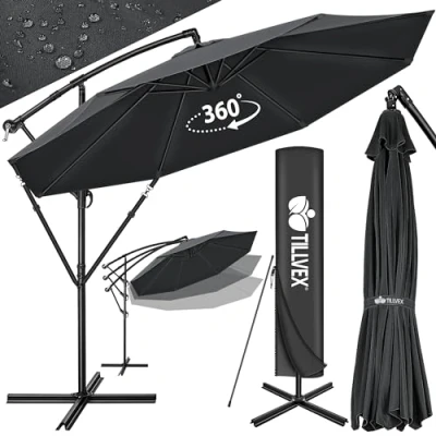 Afbeelding van tillvex Zeshoekige vrijstaande parasol 300 cm met zwengel + afdekking en windscherm zonwering voet UV bescherming van aluminium voor tuin crankparasol markt waterafstotend, Antraciet Ø 350