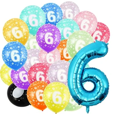 Afbeelding van 20 stuks cijferballonnen voor verjaardag, 6 jaar, 30 cm, blauw, cijferdecoratie, helium, mannen en vrouwen, verjaardagsfeest