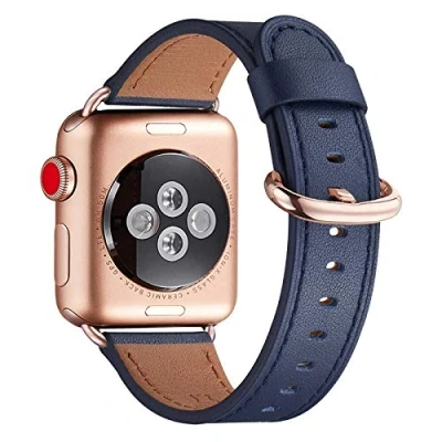 Afbeelding van WFEAGL Strap Compatibel voor Horlogeband 38mm 40mm, vele kleuren van Top Grain Lederen Band Vervanging met Horloge Serie 5/4/3/2/1, (38mm Donkerblauwe Band+RoseGold Adapter)