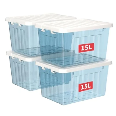 Afbeelding van Cetomo 15 l x 4 opbergdozen met deksel, opbergdoos van kunststof kliksluitingen, stapelbaar, inbouw, voor kantoorkast thuis, blauw, transparant, l, stuks