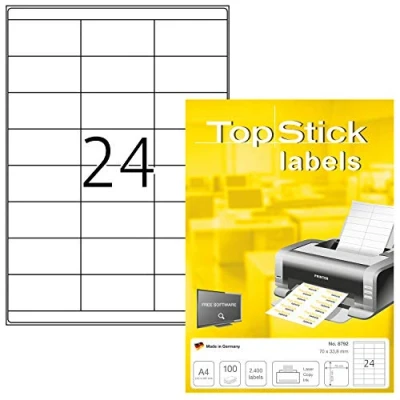 Afbeelding van TopStick 8792 Universele etiketten 70 x 33,8 mm, 24 per vel A4, 2400 stuks, zelfklevend, bedrukbaar, mat, wit, 100 vellen
