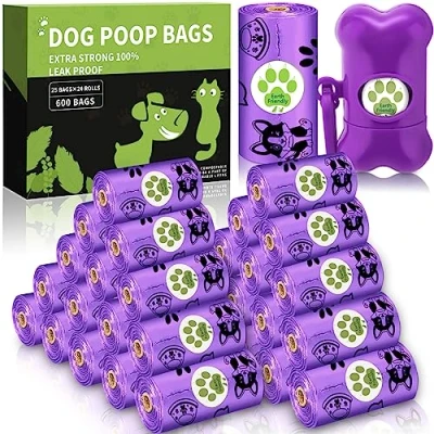 Afbeelding van FAMKEEP Poepzakjes, 600 hondenpoepzakken, 24 rollen, met 1 poepzakdispenser voor honden, lekvrij en geurloos, extra dik, paars