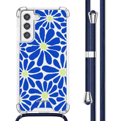 Afbeelding van iMoshion Hoesje Geschikt voor Samsung Galaxy S21 FE met Koord Design Meerkleurig / Cobalt Blue Flowers Connect