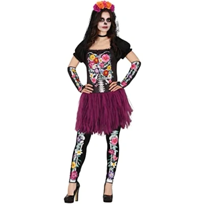 Afbeelding van Guirca Spaans &amp; Mexicaans Kostuum Vol Van Bloemen Skelet Florentina Vrouw Paars, Zwart Maat 42 44 Halloween Verkleedkleding