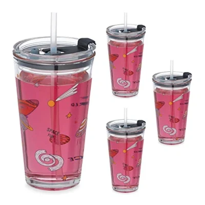 Afbeelding van Relaxdays drinkglazen voor kinderen rietje en deksel set van 4 kinderglazen heelal