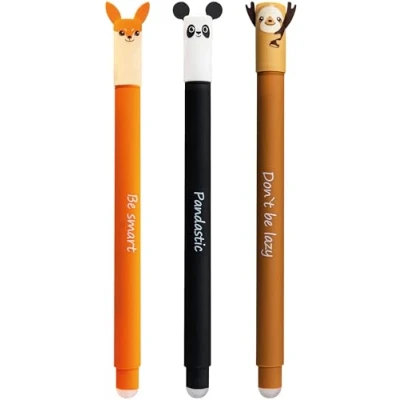 Image de Eberhard Faber 599019 Roller effaçable 3 stylos à encre gel Motif : panda, renard, paresseux Bleu 0,7 mm
