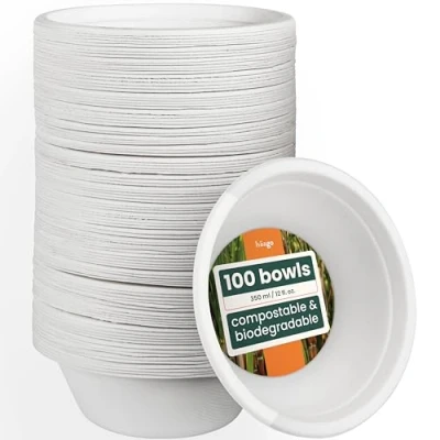 Afbeelding van 100 Biologisch Afbreekbare Suikerriet Kommetjes (350ml) Kartonnen Soepkommen, Papieren Schaaltjes Sterk en Waterdicht