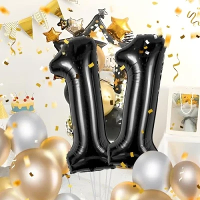 Afbeelding van Verjaardagsballon in de vorm van een cijfer 11, zwart, maat XXL, 101 cm, enorme folieballon, verjaardagsdecoratie, vliegt met helium