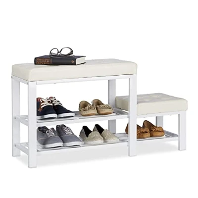 Afbeelding van Relaxdays Schoenenbank Met Kruk, Gezellige Zitkussen, Schoenenrek 2 Niveaus, Kinderen, H x B D: 50 90 30 cm, Wit