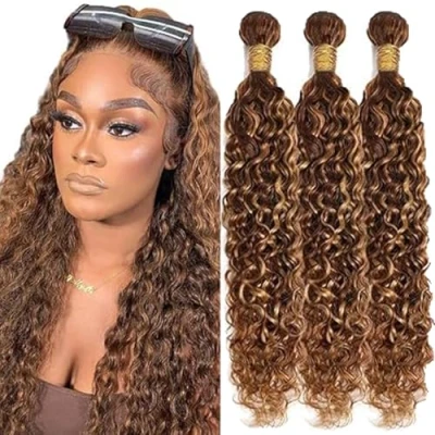 Afbeelding van Tuheerst Water Wave Human Hair Bundels Blonde Extensions Echt Haar Naai in Extension P427 Highlight 3 Double Weft Remy Minimal Shedding for Woman 61 cm 24 inch