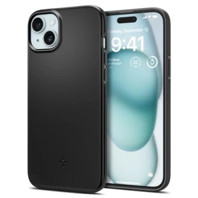 Image de Spigen Thin Fit Coque de protection pour téléphone portable polyuréthanne thermoplastique (TPU), polycarbonate noir Apple iPhone 15