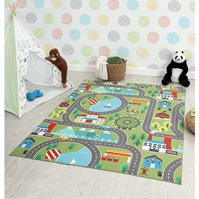 Afbeelding van the carpet Vloerkleed Happy Life Kinderkamer, kindertapijt, speeltapijt, wasbaar, straattapijt, straat, stad, auto, groen, 160 x 220 cm
