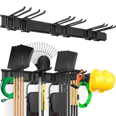 Image de VEVOR Support Mural d&#039;Outils de Garage, Capacité Charge Maximale 363 kg, Organisateur Rangement Jardin avec 6 Crochets Réglables et 3 Rails pour Outils Jardin, Pelles, Coupe bordures, Tuyaux