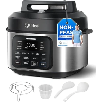 Afbeelding van Midea 9 in 1 snelkookpan, multikoker 6 l met 12 functies, rijstkoker, stoom, yoghurtmaker, slowcooker, vacuüm, roerbak, receptenboek, roestvrij staal
