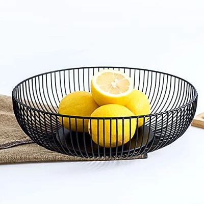 Afbeelding van Fruitschaal Zwart/Wit Broodmand Ronde Zwarte Draadmand Kom
